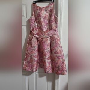 Adrianna Papell Pink Floral Midi Dress with Sash